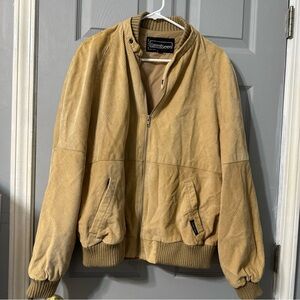 Tan Varsity Bomber Jacket with Stand-up Collar and Ribbed Waistband